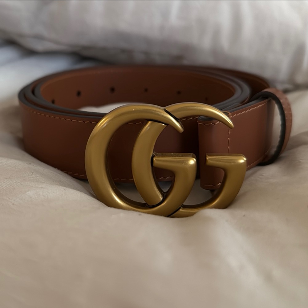 Gucci Brown Gold Leather Belt with Double Ring Buckle